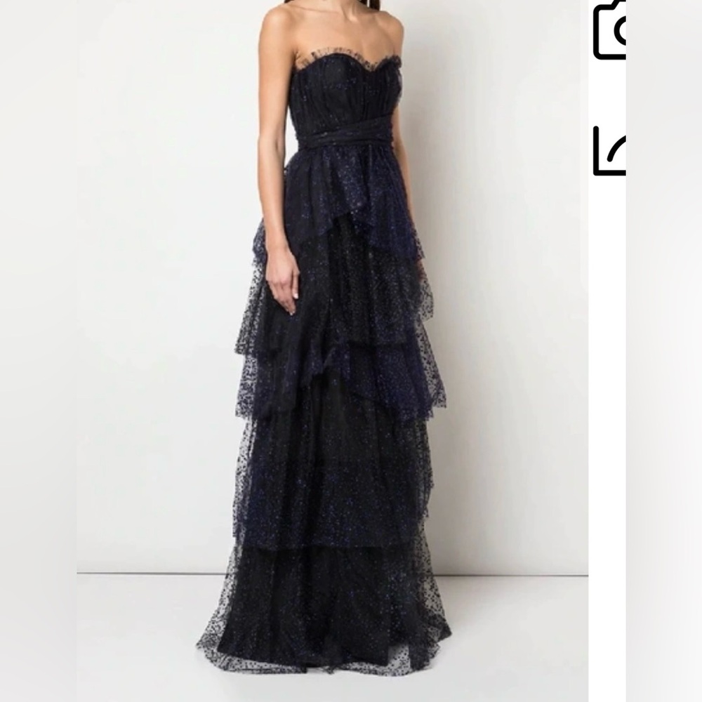 MARCHESA NOTTE
Flocked Glitter Tulle Strapless Gown In Navy